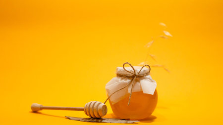 Homemade honey jar with fabric cover and dipper on yellow background. Rustic food still life with copy space.の写真素材