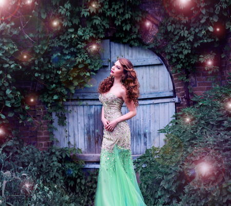 Red-haired girl  fairy, fairy lights and magic doorの写真素材
