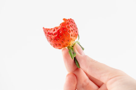 on a white photo background, thin female hands hold a bitten half of a ripe strawberry by the tail, healthy vitamins, seasonal, summer fruit, vitamin Cの写真素材