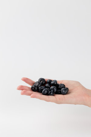 large blueberries lie on a white photo background on women palm healthy vitamins seasonal summer fruits vitamin C forest and bush berriesの写真素材