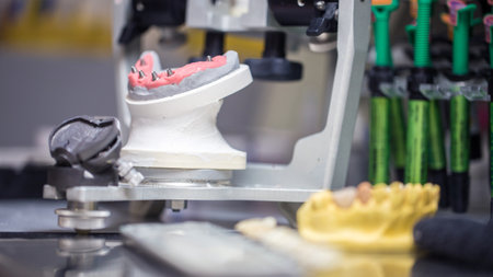 closeup plan professional laboratory production of dental implants dentures and veneers master plaster model of teeth with adjustment of pins for crown individual approach new smile dental instrumentsの写真素材