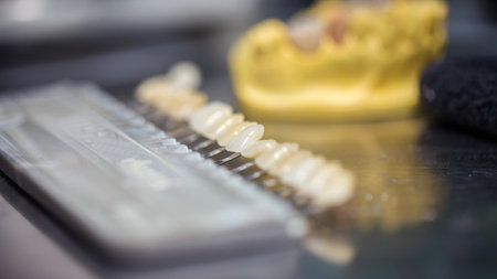 close-up in a professional laboratory production of dental implants, dentures and veneers, palette of all possible shades of tooth color, dental cast, individual productionの写真素材