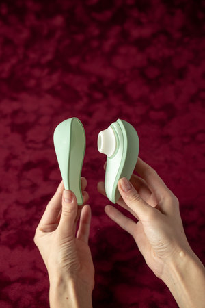 on a red burgundy velvet background, female hands, a vacuum vibrator and its cover, gently mint color, a device for relaxation, egg shape, magnetic charging, water resistanceの写真素材