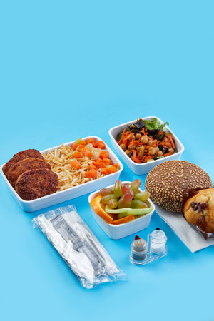 closeup on a soft blue background there are disposable tableware food for snack disposable set salt and pepper cutlets bagel bun fruit and muffin with raisins vegetable saladの写真素材