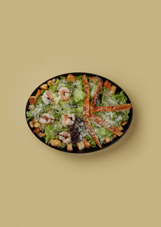 top shot yellow background black salad plate with crispy warm pieces of shrimps seasoned with balsamic grated cheddar cheese croutons with white breadの写真素材