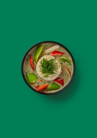 top shot on green background in a black plate on a bed of rice sliced chicken with vegetablesの写真素材
