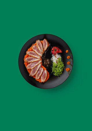 On green background there is a black plate with sochevitsa puree, fried bacon laid out on it, served with grilled tomato and chopped lettuceの写真素材