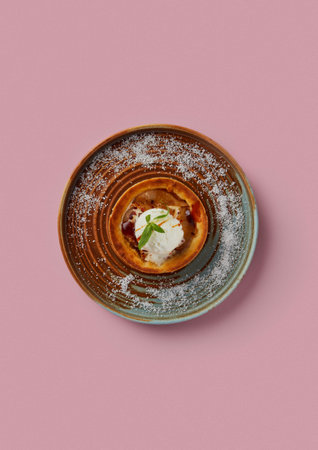 Delicious Dessert: Creamy Cheesecake with Berry Sauce and Whipped Cream on Rustic Plate Against a Soft Pink Backgroundの写真素材