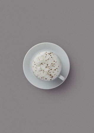 top shot on gray background white saucer in a small white cup prepared latte with fluffy milk foam sprinkled with cinnamon powder coffee for an amateur milk drink popular drink in a cafeの写真素材
