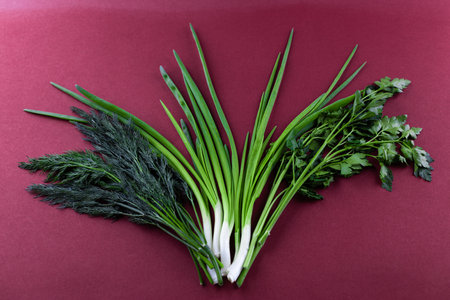 A Vibrant Arrangement of Fresh Green Herbs Including Dill, Spring Onions, and Parsley Perfect for...