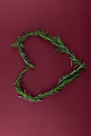 A Heart-Shaped Arrangement of Fresh Rosemary Leaves on a Rich Burgundy Background Creating a Warm and Inviting Culinary Aesthetic for Cooking or Decorationsの写真素材