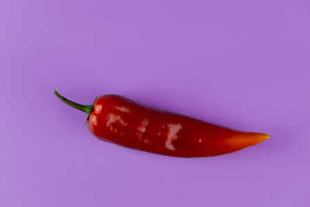 Vibrant Red Chili Pepper on Purple Background Captured in Studio Lighting, Showcasing the Textures and Color Contrast of This Spicy Ingredient Perfect for Culinary Dishesの写真素材