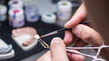 Craftsmanship in Dentistry: A Close-Up of a Professional Creating a Dental Prosthesis with Precision...