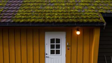 Charming Cottage with Mossy Roof and Bright Yellow Exterior, Perfectly Blending Traditional Design with Natures Touch in a Serene Settingの写真素材