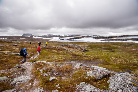 A Group of Hikers Trekking Through the Rocky Terrain of a Scenic Mountain Landscape with Snow-Capped Peaks in the Distance Under a Dramatic Cloudy Sky.の写真素材