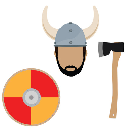 Viking hat, shield and axe vector isolated, viking weaponのイラスト素材