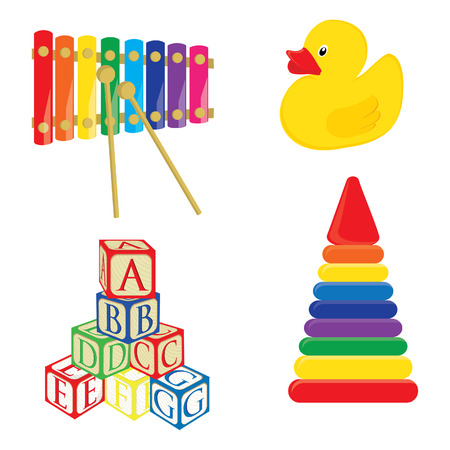 Baby toys xylophone, yellow rubber duck, alphabet building blocks, pyramid vector setのイラスト素材