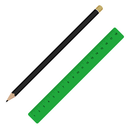 Stationery tools black pencil and green ruler vector isolatedのイラスト素材