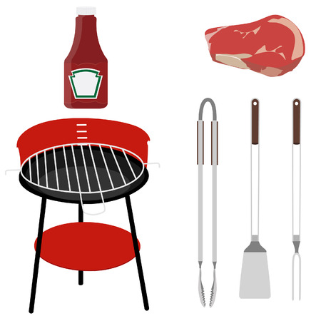Barbeque set grill, tongs, fork, turner, ketchup ans meat, grilling utensils vector isolatedのイラスト素材