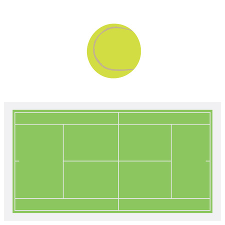 Single yellow tennis ball and green grass tennis court, sport equipment, tennis netのイラスト素材