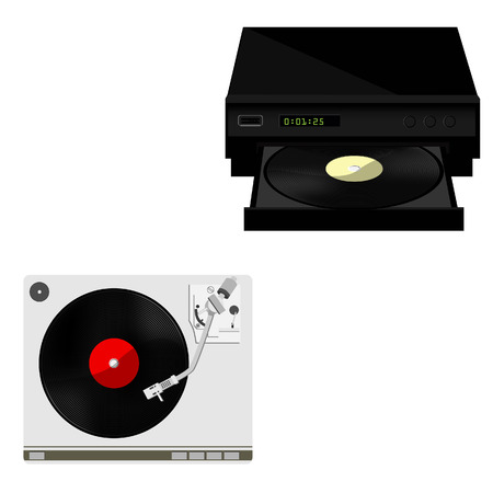 Vinyl player with red vinyl record のイラスト素材