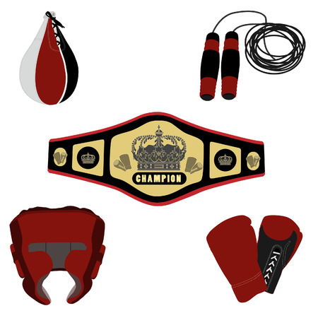 Red boxing set with boxing glove, golden bet, jumping rope and boxing helmet, sport equipment, boxing equipmentのイラスト素材