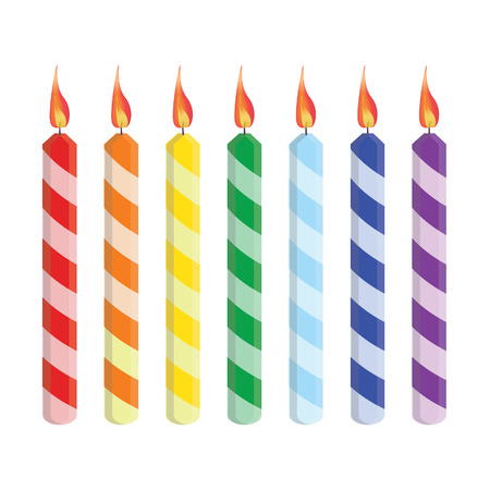 Seven striped birthday candles red, orange, yellow, green, blue, purple, vector set isolatedのイラスト素材