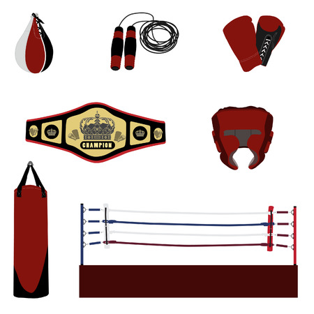 Red boxing bag punching bag, boxing ring, speed bag, jumping rope, boxing gloves and boxing helmet,sport equipment, boxing equipmentのイラスト素材