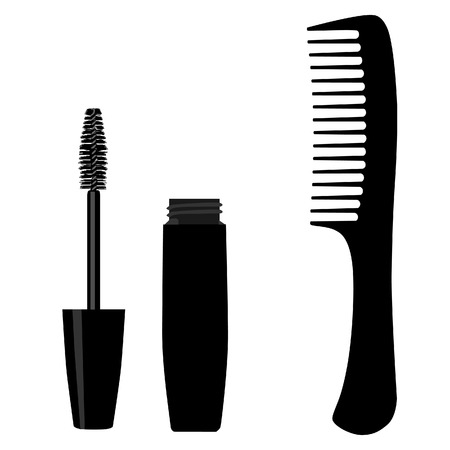Black mascara with brush and comb silhouette vector set, cosmetic, fashionのイラスト素材