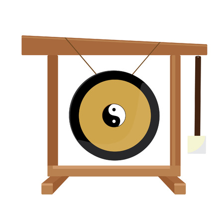 Chinese gong with yin and yang symbol and  hammer vector isolated, asian musical instrument, sport gong, traditionalのイラスト素材