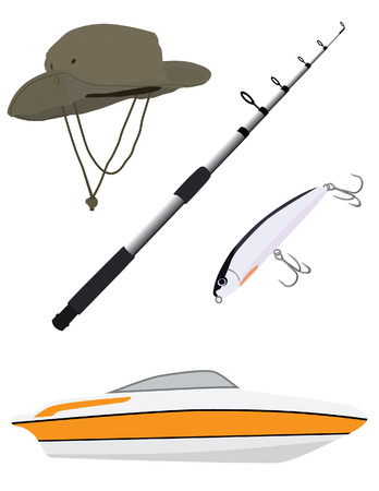 Fishing hat, rod, spinner bait and luxury boat vector icon set isolated, fishing equipmentのイラスト素材