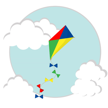 Kid flying colorful red, yellow,blue, green paper kite vector in the sky with cloudsのイラスト素材