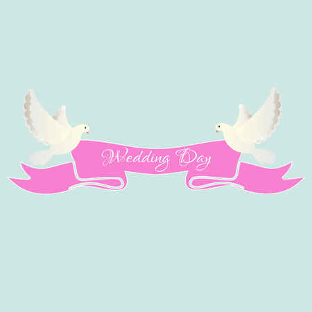 White dove with pink ribbon, wedding day, invitation, white dovesのイラスト素材