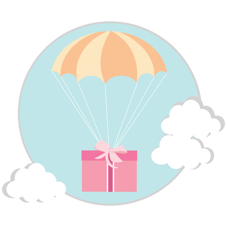Gift package flying with parachute vector isolated. Delivery service. Air shipping conceptのイラスト素材