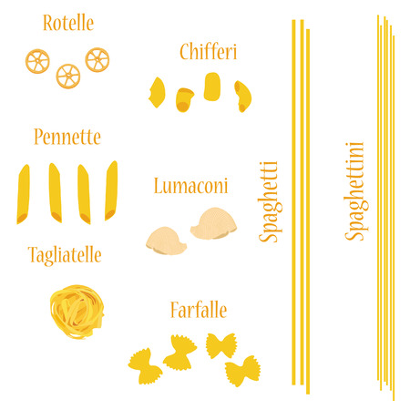 Macaroni set vector, pasta collection, macaroni icon, pasta types namesのイラスト素材