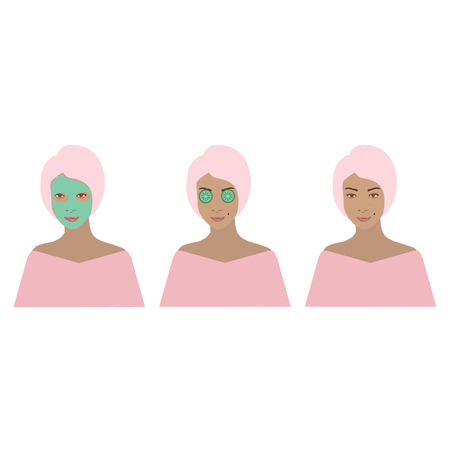 Beauty set woman, female with green facial mask, cucumber vector set. Body care. Spa treatmentのイラスト素材
