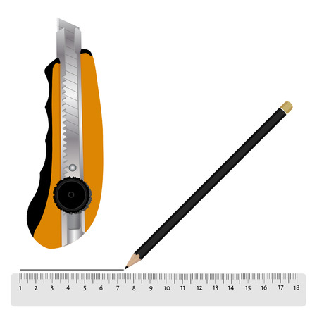 Black pencil, white ruler and orange cutter knife vector. Stationer set.Stationery toolsのイラスト素材