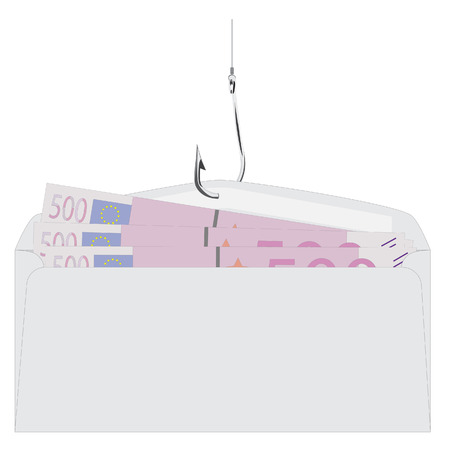 White, open envelope with money euro hanging on fishing hook vector illustration. Money conceptのイラスト素材