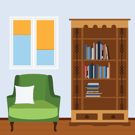Reading room with green armchair and white pillow, bookcase with books and window vector illustration. I love reading. Study room.のイラスト素材