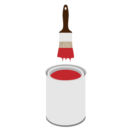 Metal white paint can with red paint and paintbrush with wooden handle vector illustrationのイラスト素材