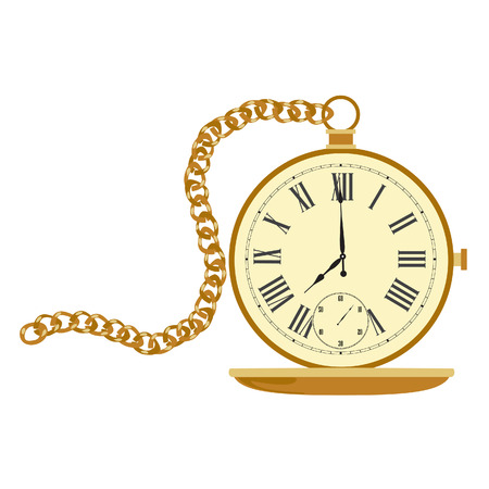 Golden pocket watch with chain. Vintage pocket clock with roman numerals. Old pocket watchのイラスト素材
