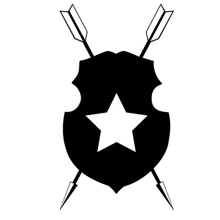 Medieval protection symbol. Shield wit star and crossed arrows silhouette vector illustrationのイラスト素材