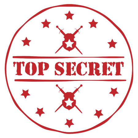 Round red rubber stamp with text top secret and stars, shield, sword symbols. Top secret stamp vector illustrationのイラスト素材