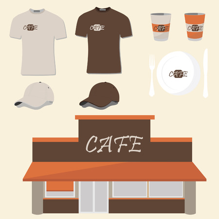 Vector restaurant cafe set shop front design, t-shirt, cap, uniform, plate with fork and knife, paper cup . Design for cafe or restaurant, cafeteriaのイラスト素材