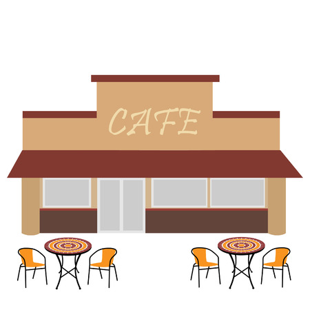 Cafe building vector illustration. Outdoor cafe. Coffee shop. Summer terrace with table and chairsのイラスト素材
