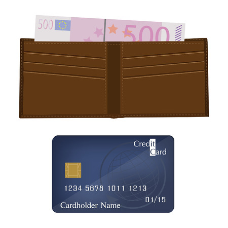 Brown leather wallet with five hundred euro and credit card. Open wallet. Wallet icon. Wallet moneyのイラスト素材