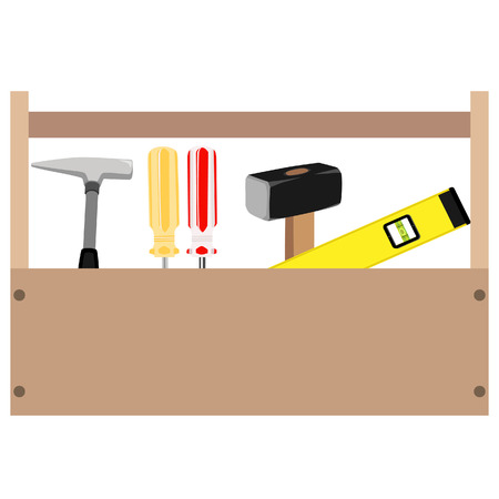 Wooden toolbox with handle. Vector illustration of  orange and red screwdriver, sledge hammer, hammer and level tool inside toolboxのイラスト素材