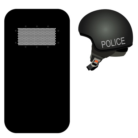 Police helmet and black riot shield vector icon set. Police protection. Police uniformのイラスト素材
