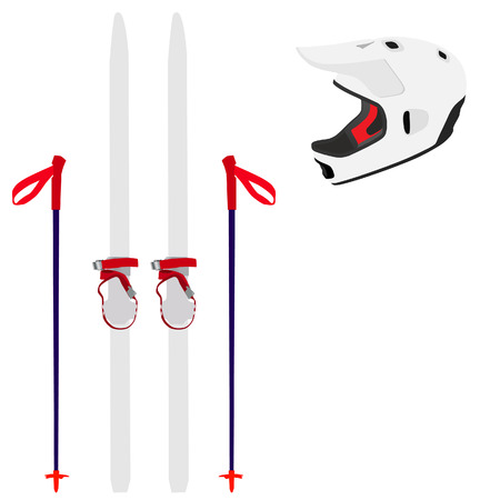 Vector illustration of professional white ski, sticks and ski or snowboard helmet. Ski equipment. Extreme sport.のイラスト素材