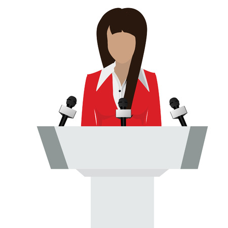 Vector illustration woman orator speaking from tribune. Business woman in red suit. Speaker person. Conference speaker. Podium speech. Speaker podiumのイラスト素材